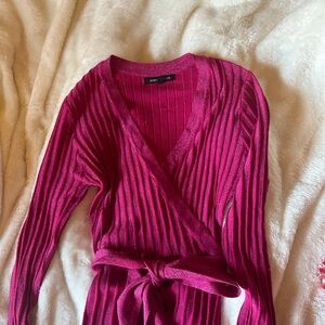 Magenta Faux Wrap Sweater Dress